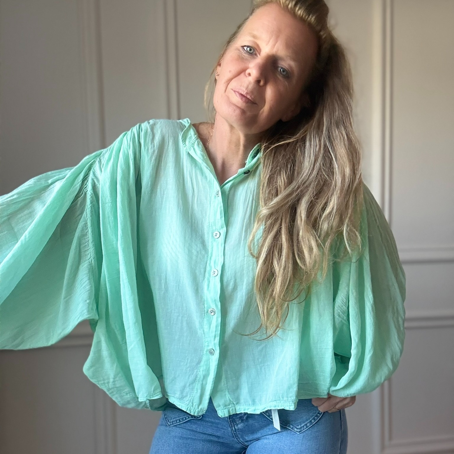 BLOUSE EN VOILE DE COTON VERT DEAU NOELINE (4)