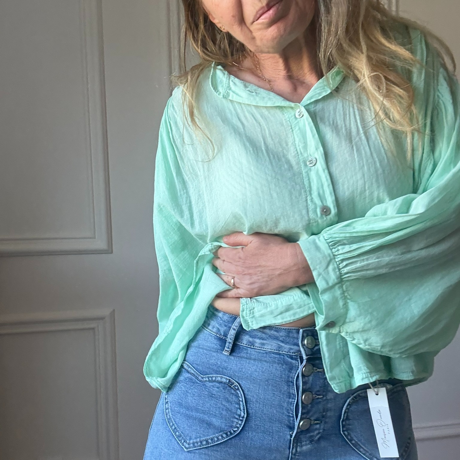 BLOUSE EN VOILE DE COTON VERT DEAU NOELINE (2)