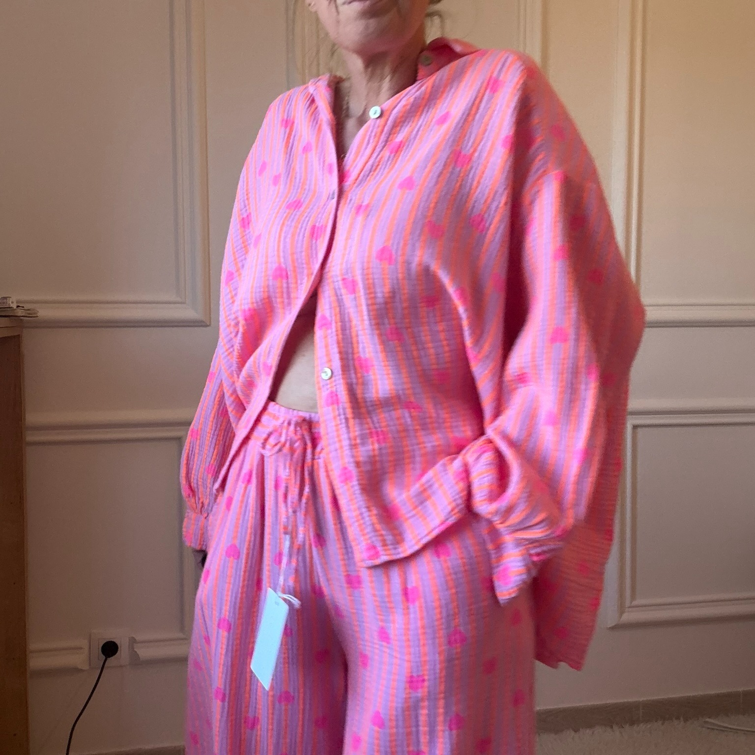 01 CHEMISE ORANGE ET FUCHSIA NOELINE EN GAZE DE COTON (4)
