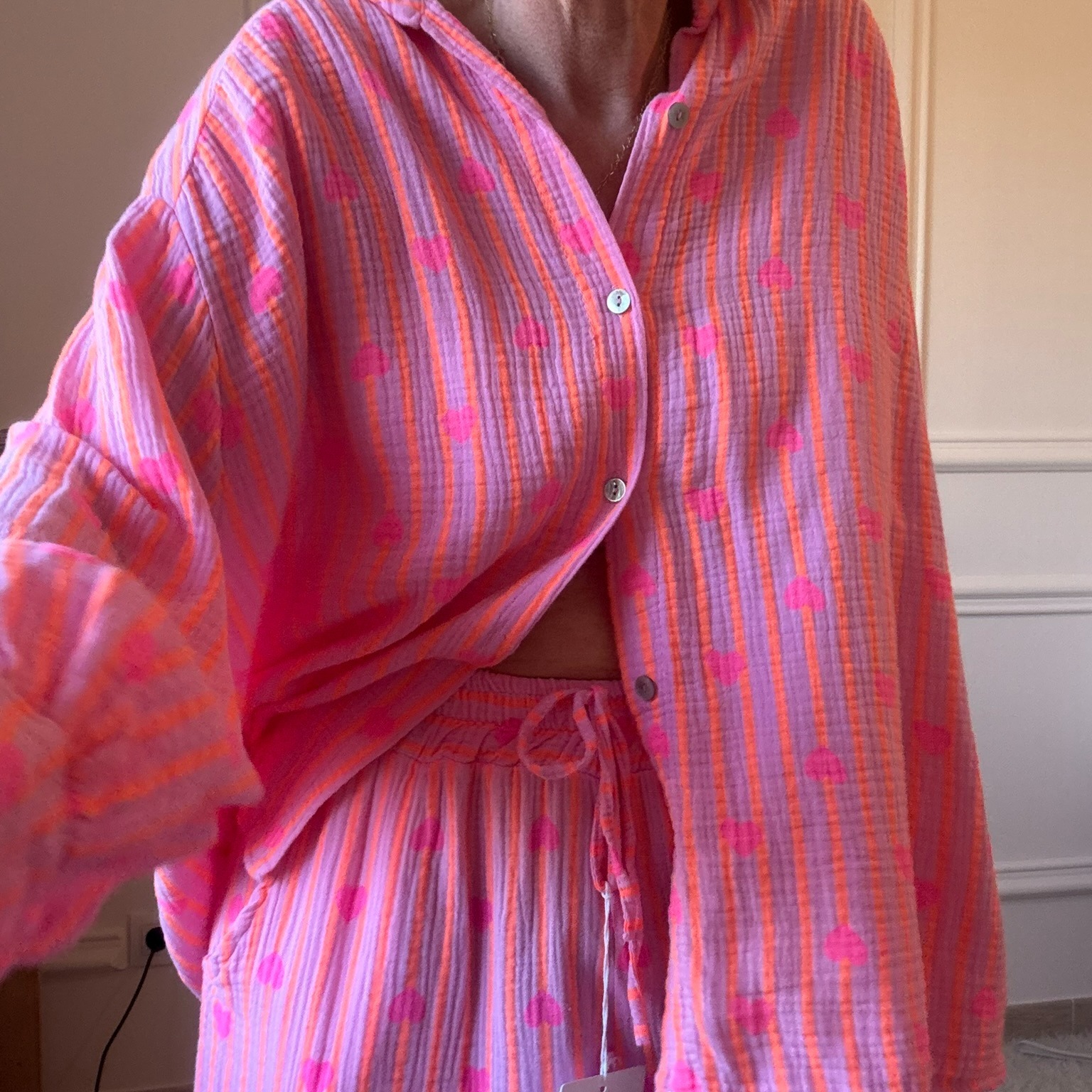01 CHEMISE ORANGE ET FUCHSIA NOELINE EN GAZE DE COTON (5)