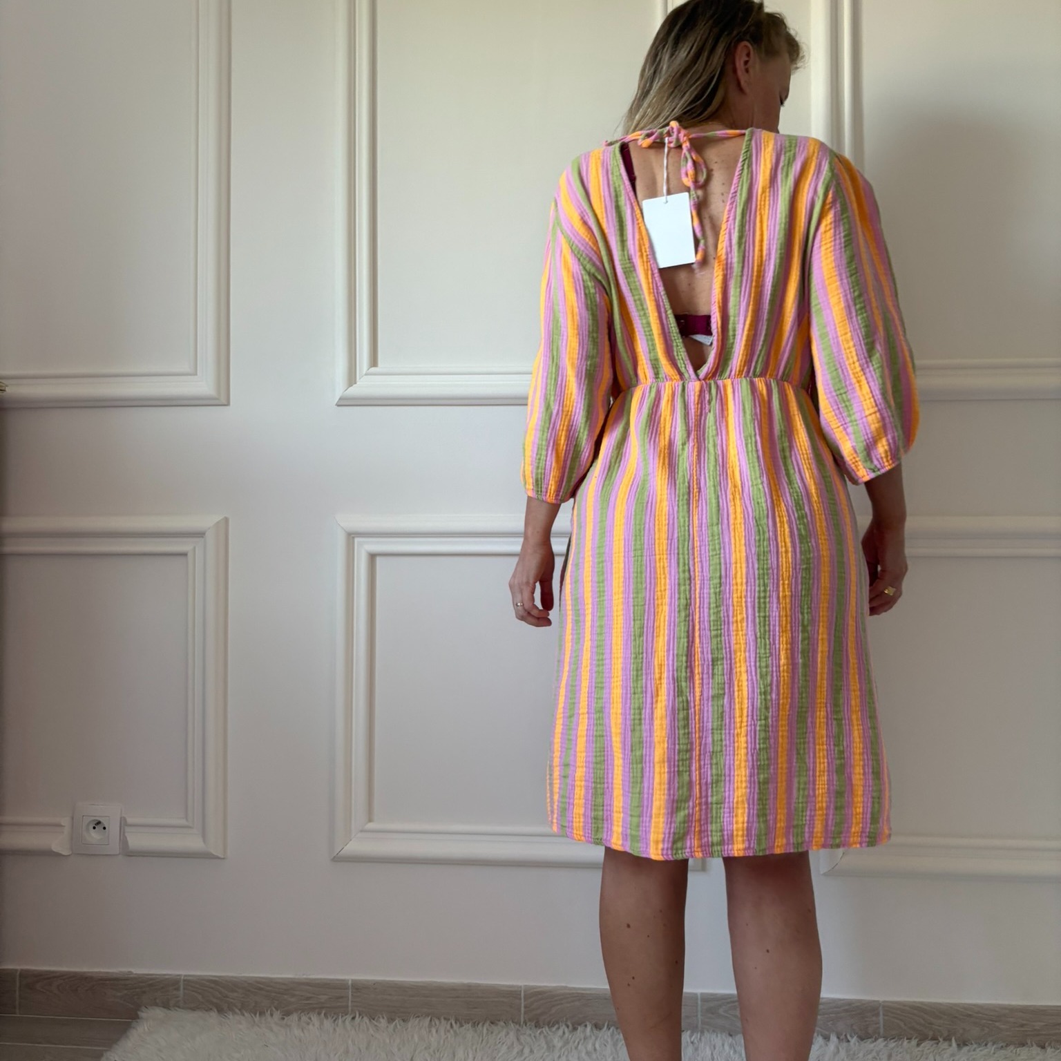 ROBE GEORGIA EN GAZE DE COTON MI LONGUE RAYURE ORANGE NOELINE (4)