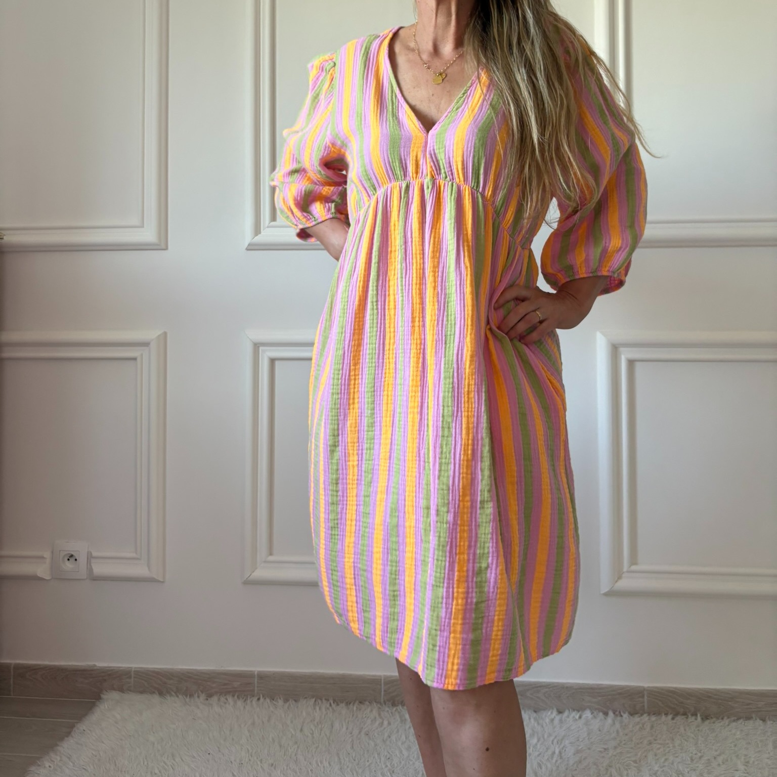 ROBE GEORGIA EN GAZE DE COTON MI LONGUE RAYURE ORANGE NOELINE (6)