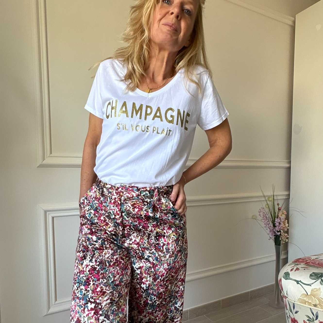 LACOMY Tee-shirt blanc inscription paillette doré CHAMPAGNE SIL VOUS PLAIT