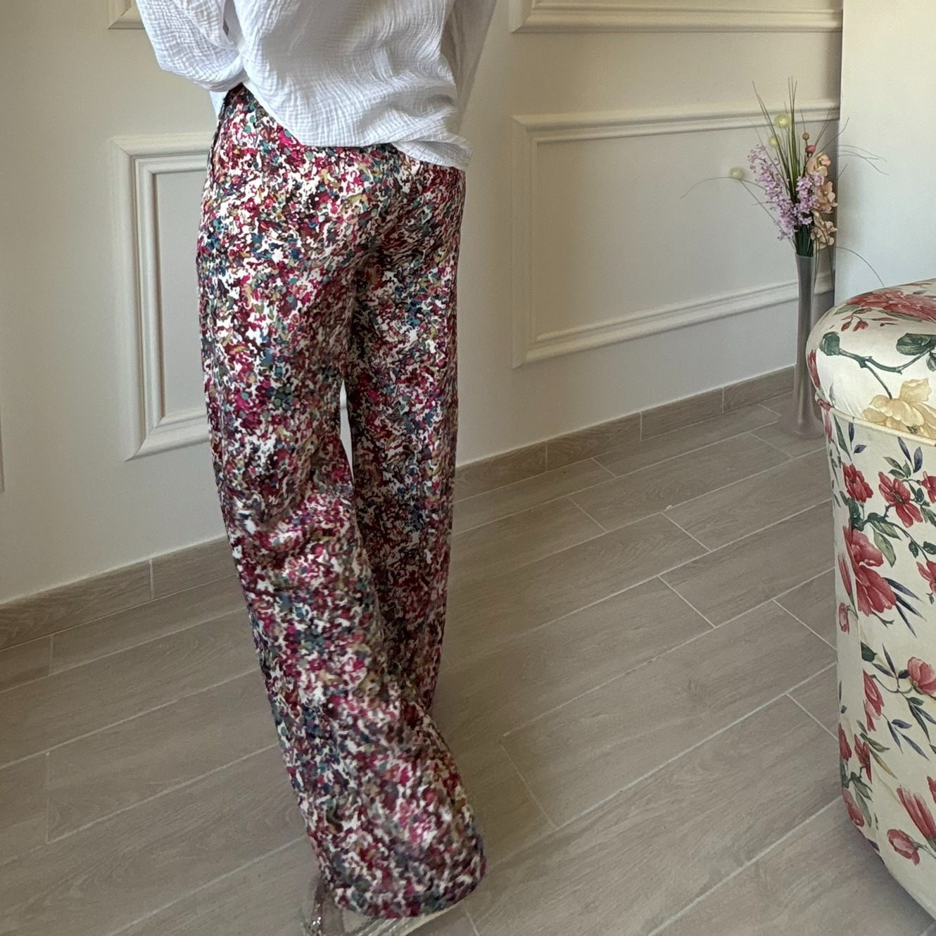 Pantalon tacheté  dans les tons bordeau avec tissu satiné peace nlove.JPEG (2)