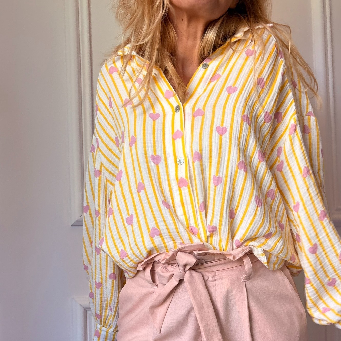 TOSCANE - Chemise jaune et rose en gaze de coton NOELINE COEUR