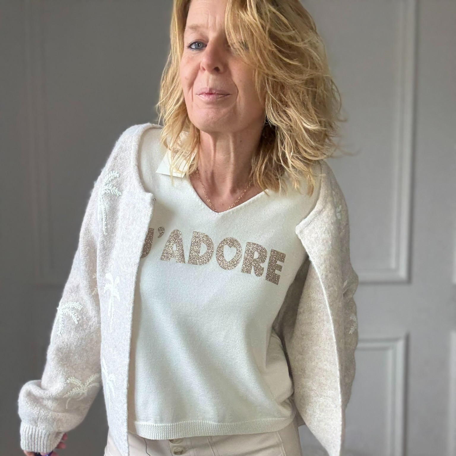 pull april vintage jadore écru paillette doré
