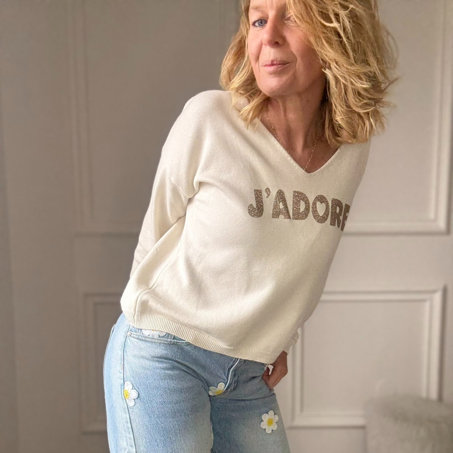 pull april vintage jadore écru paillette doré 2