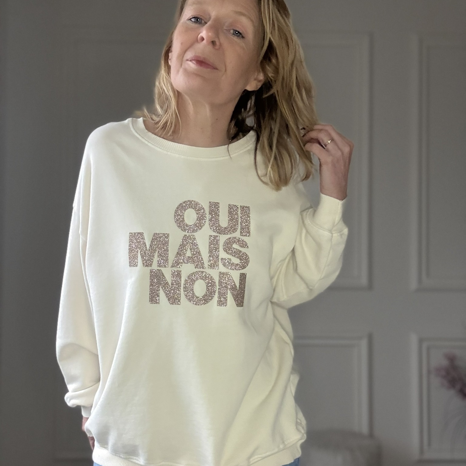 SWEAT APRIL VINTAGE OUI MAIS NON BEIGE PAILLETTE (1)
