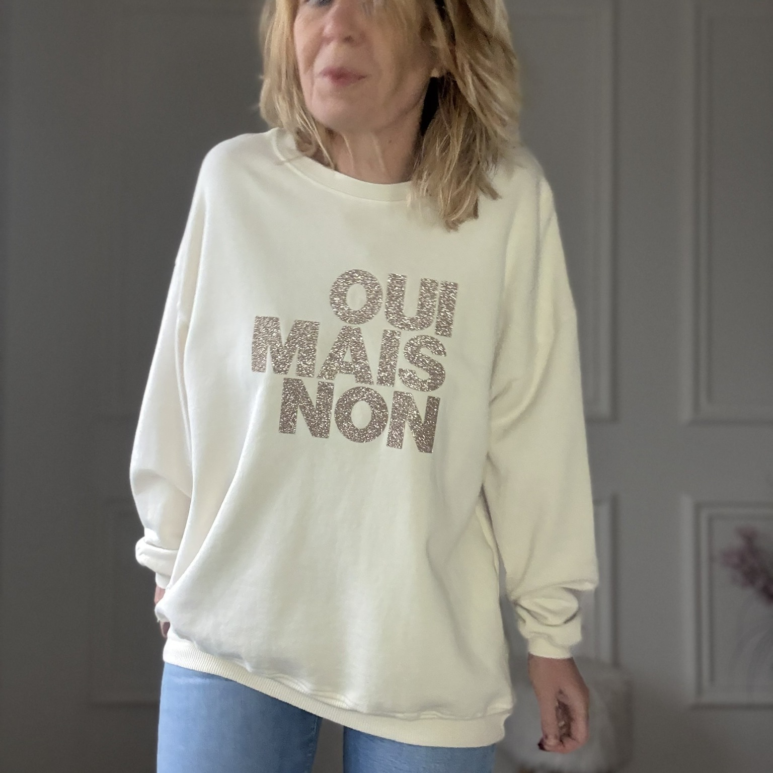 SWEAT APRIL VINTAGE OUI MAIS NON BEIGE PAILLETTE (7)