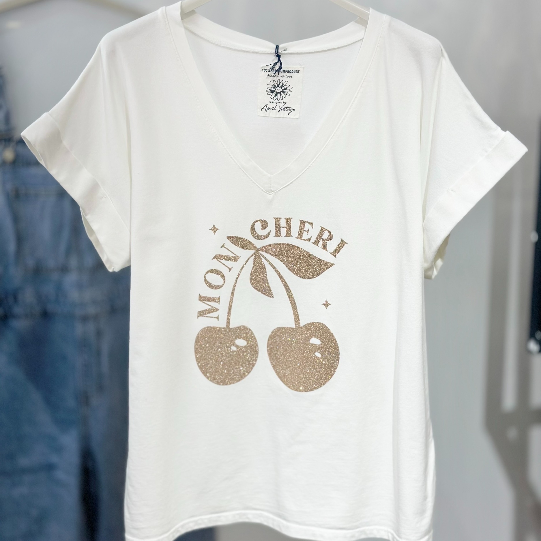 tee-shirt blanc mon chéri pailleté doré femme col V