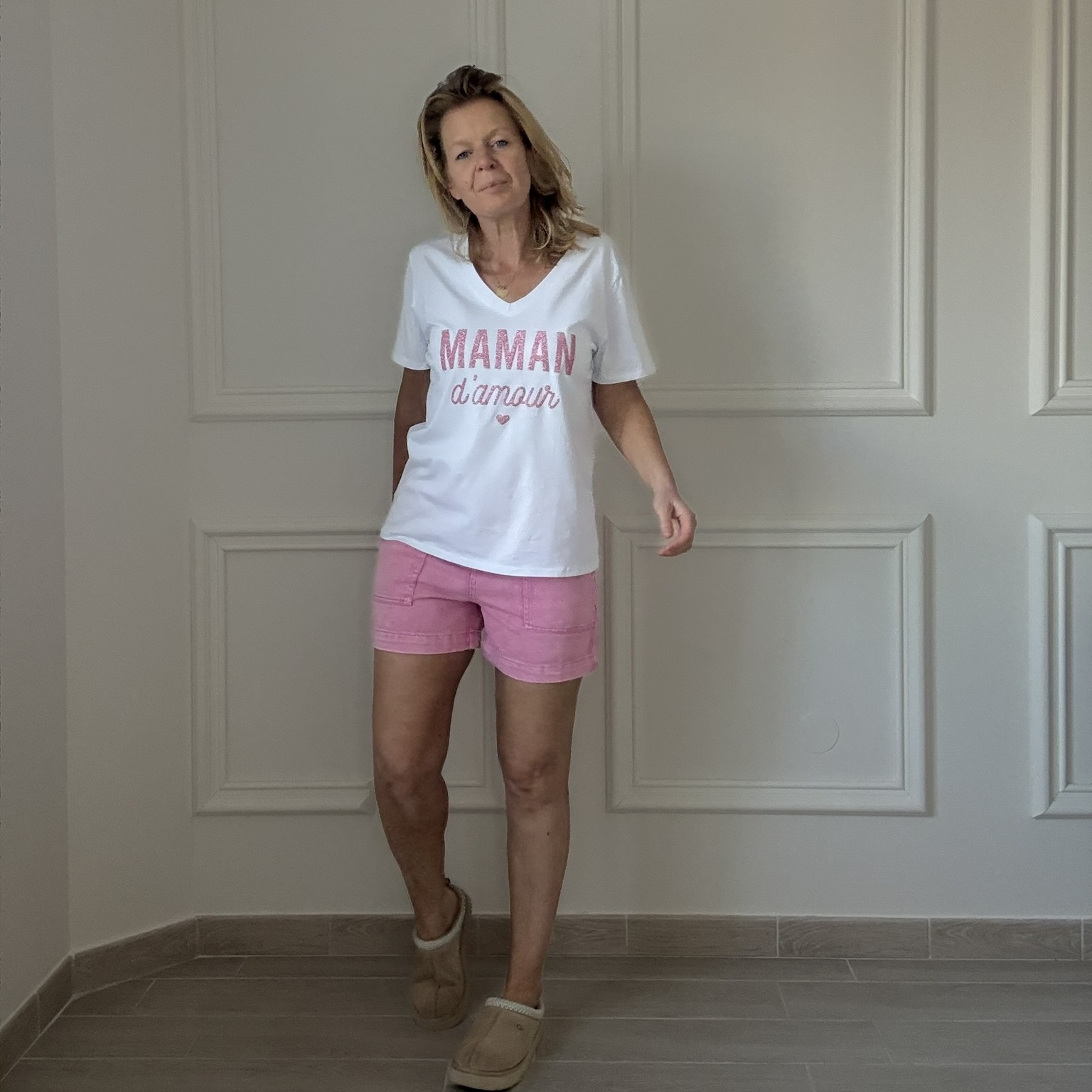 MAMAN DAMOUR -APRIL VINTAGE - TEE SHIRT BLANC INSCRIPTION PAILLETTE ROSE (2)