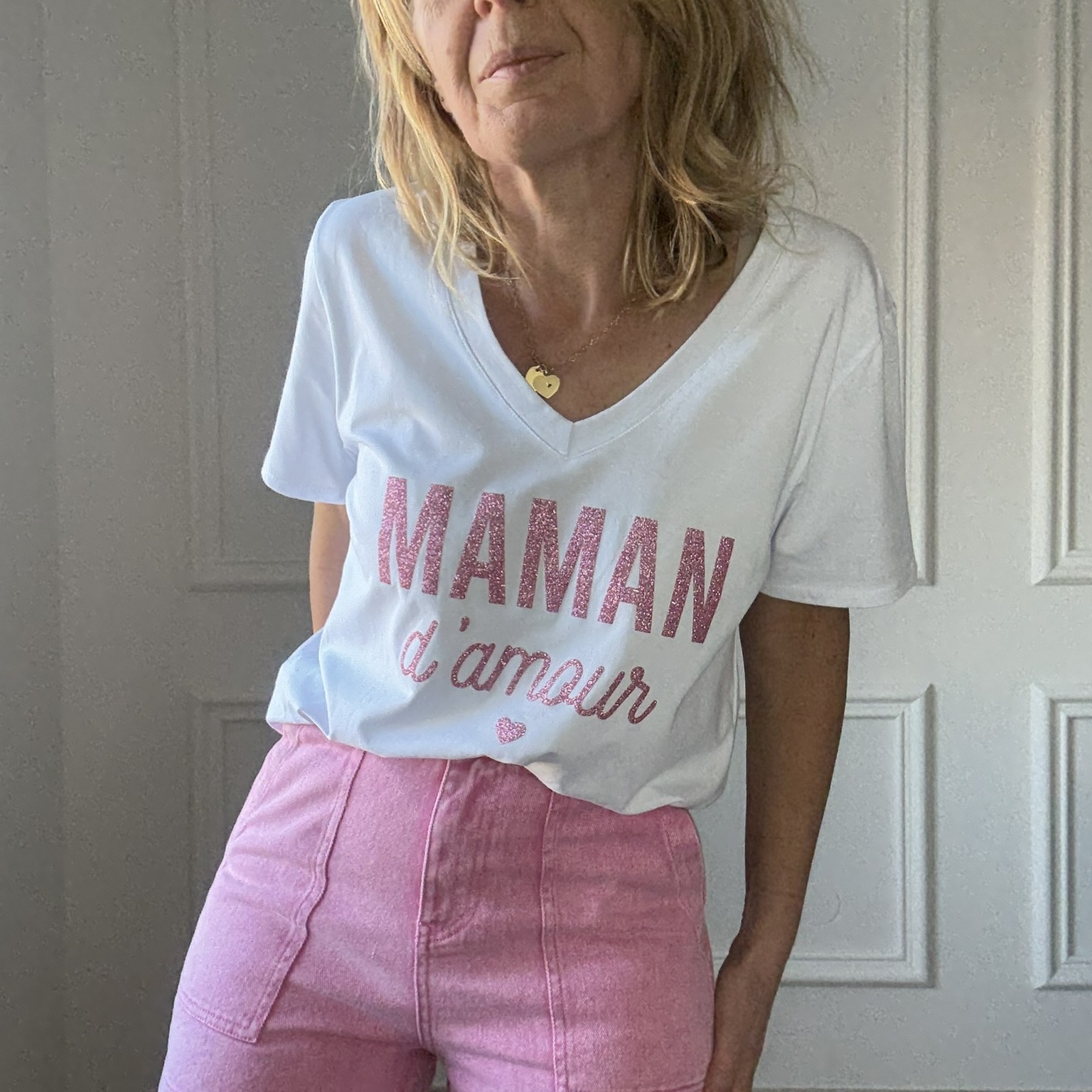 APRIL VINTAGE - MAMAN DAMOUR - TEE SHIRT BLANC INSCRIPTION PAILLETTE ROSE (7)