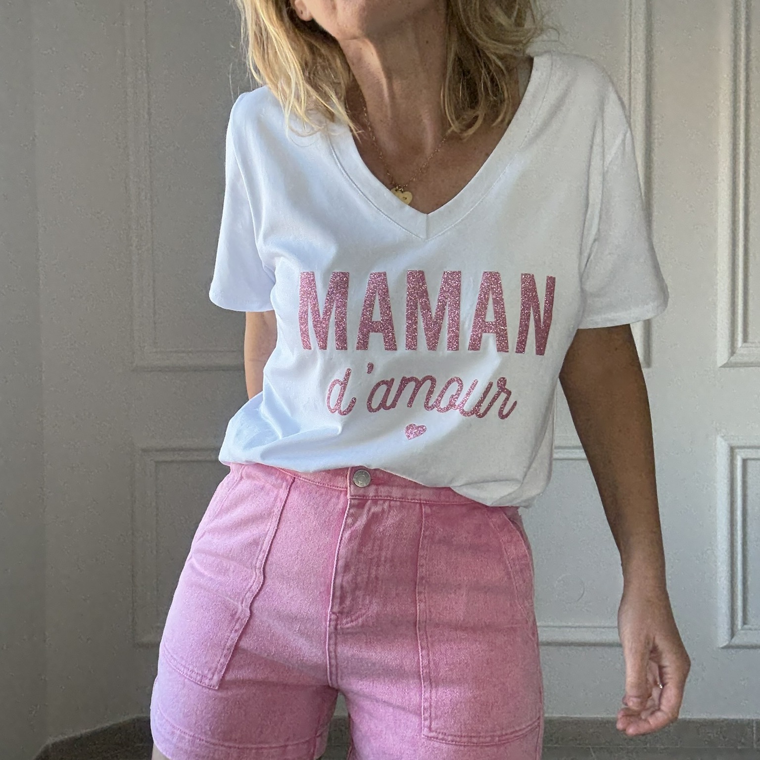 APRIL VINTAGE - MAMAN DAMOUR - TEE SHIRT BLANC INSCRIPTION PAILLETTE ROSE (6)