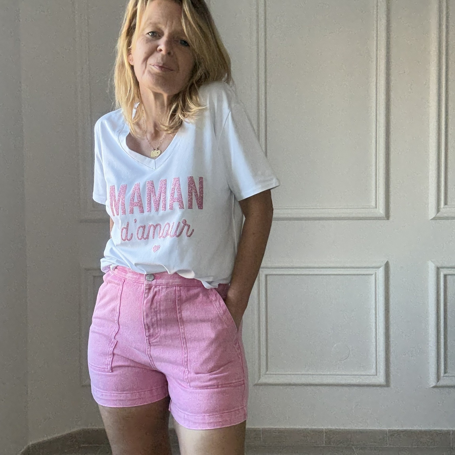 APRIL VINTAGE - MAMAN DAMOUR - TEE SHIRT BLANC INSCRIPTION PAILLETTE ROSE (8)