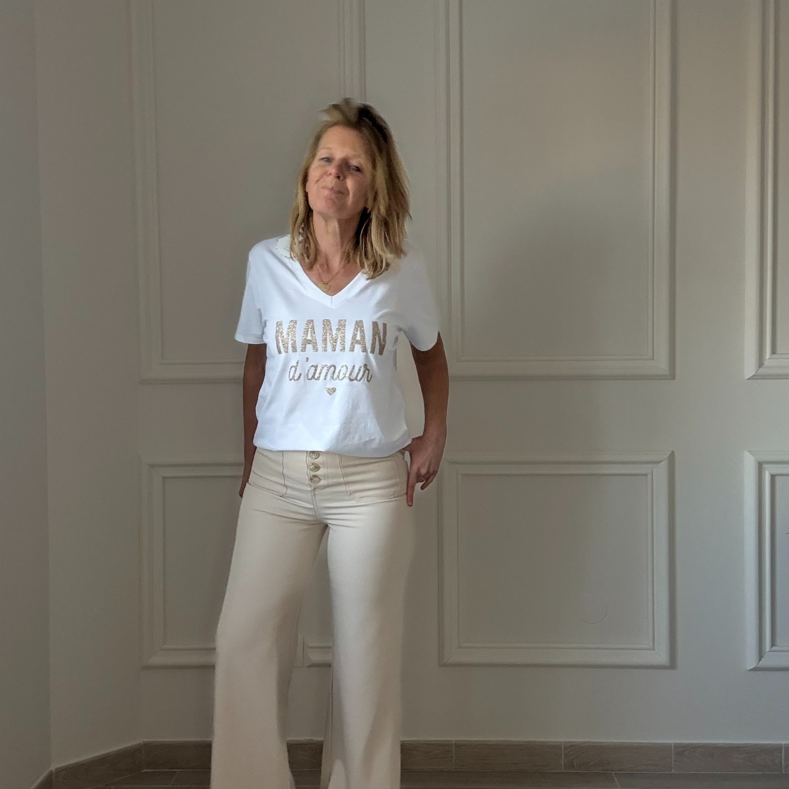 APRIL VINTAGE - MAMAN DAMOUR - TEE SHIRT BLANC INSCRIPTION PAILLETTE OR (1)