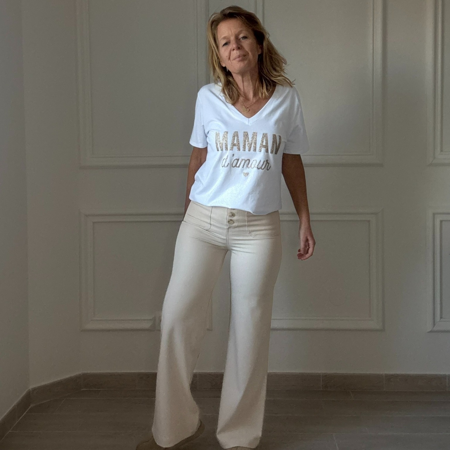 APRIL VINTAGE - MAMAN DAMOUR - TEE SHIRT BLANC INSCRIPTION PAILLETTE OR (1)