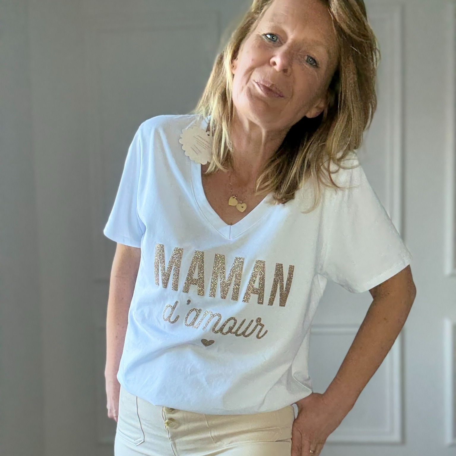 APRIL VINTAGE - MAMAN DAMOUR - TEE SHIRT BLANC INSCRIPTION PAILLETTE OR (1)