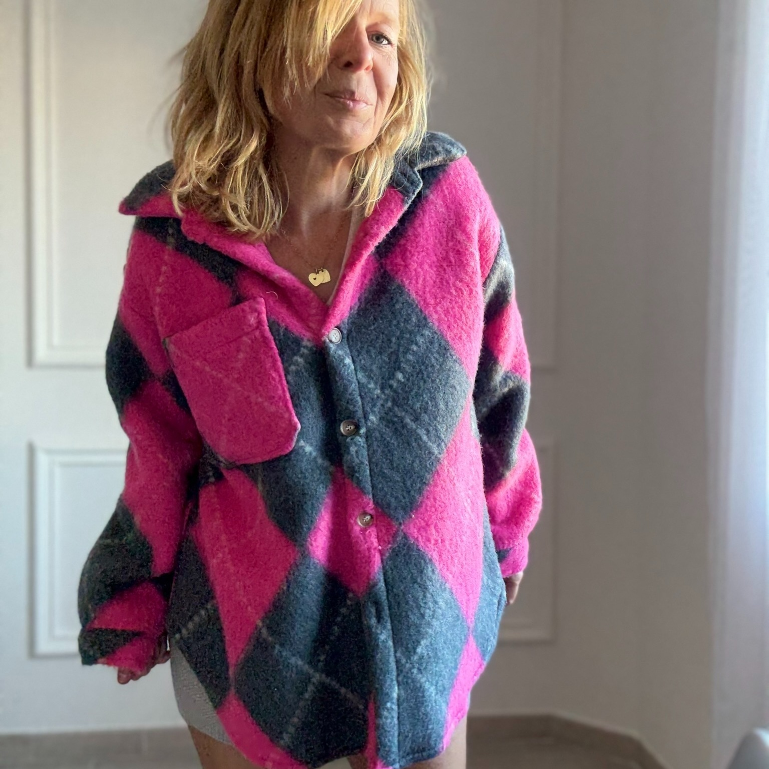 MILANO - APRIL VINTAGE - Veste surchemise oversize argyle rose (15)