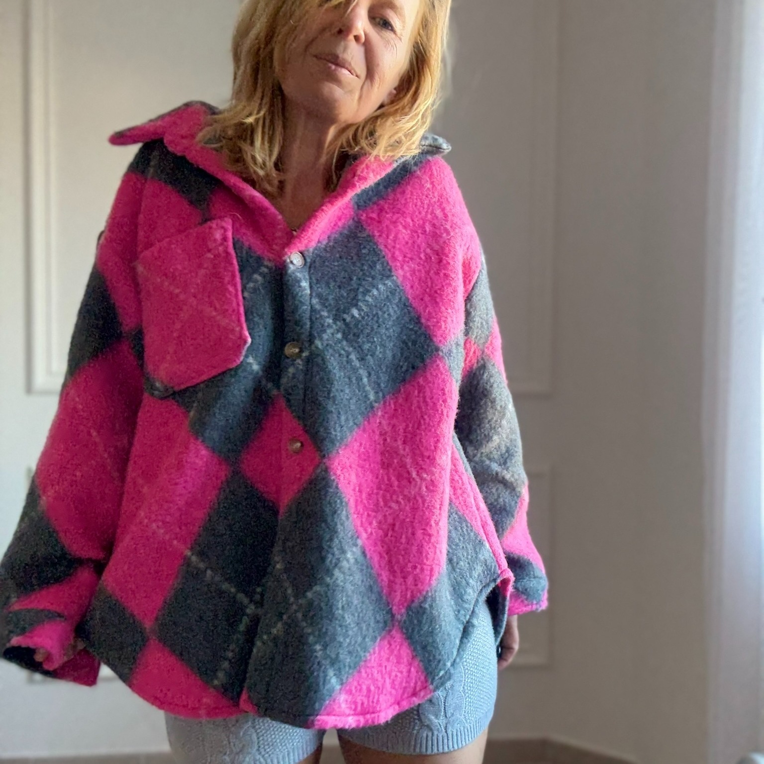 MILANO - APRIL VINTAGE - Veste surchemise oversize argyle rose (21)