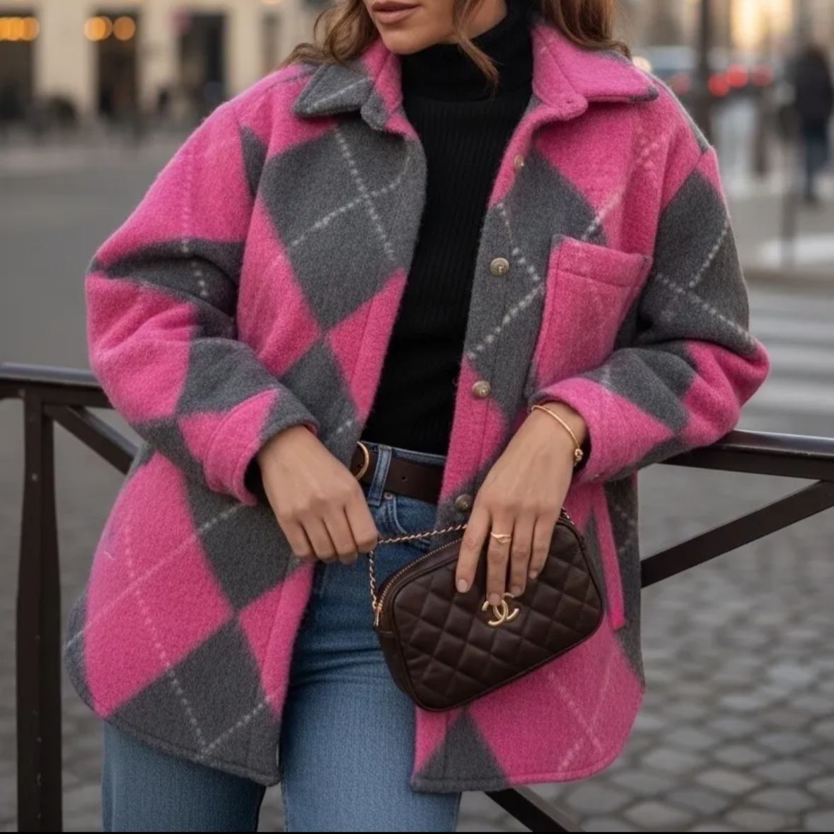 MILANO - APRIL VINTAGE - Veste surchemise oversize argyle rose (11)