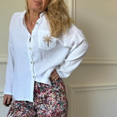 PALMIER - Chemise blanche en gaze de coton avec palmier beige brodé LACOMY
