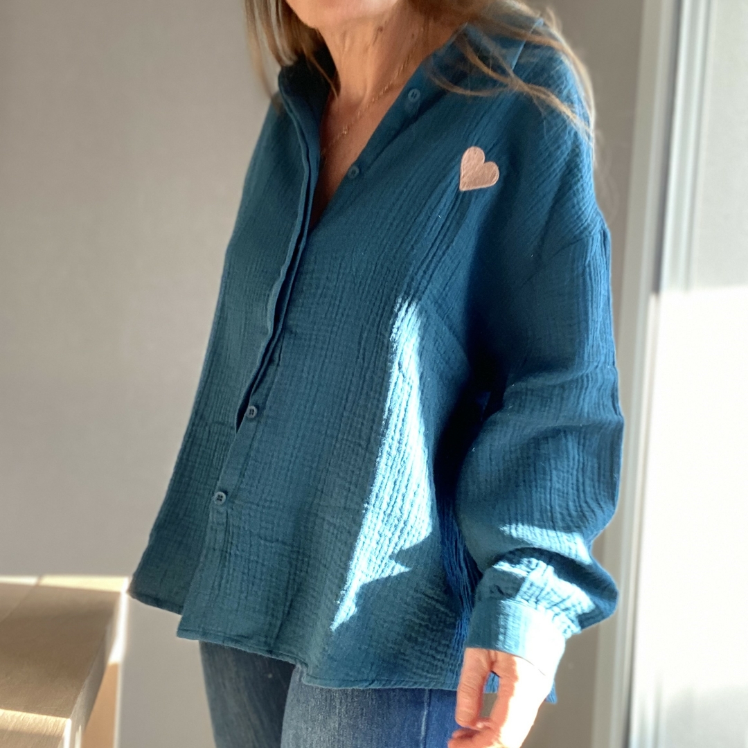 Chemise Henley Sans Manches Kaktus Bleu Gaze Coton Femme Taille XL