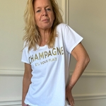 Tee-shirt blanc inscription paillette doré CHAMPAGNE S'IL VOUS PLAIT LACOMY