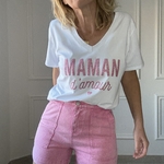 APRIL VINTAGE - MAMAN D'AMOUR - TEE SHIRT BLANC INSCRIPTION PAILLETTE ROSE (6)