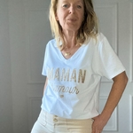 APRIL VINTAGE - MAMAN DAMOUR - TEE SHIRT BLANC INSCRIPTION PAILLETTE OR (1)
