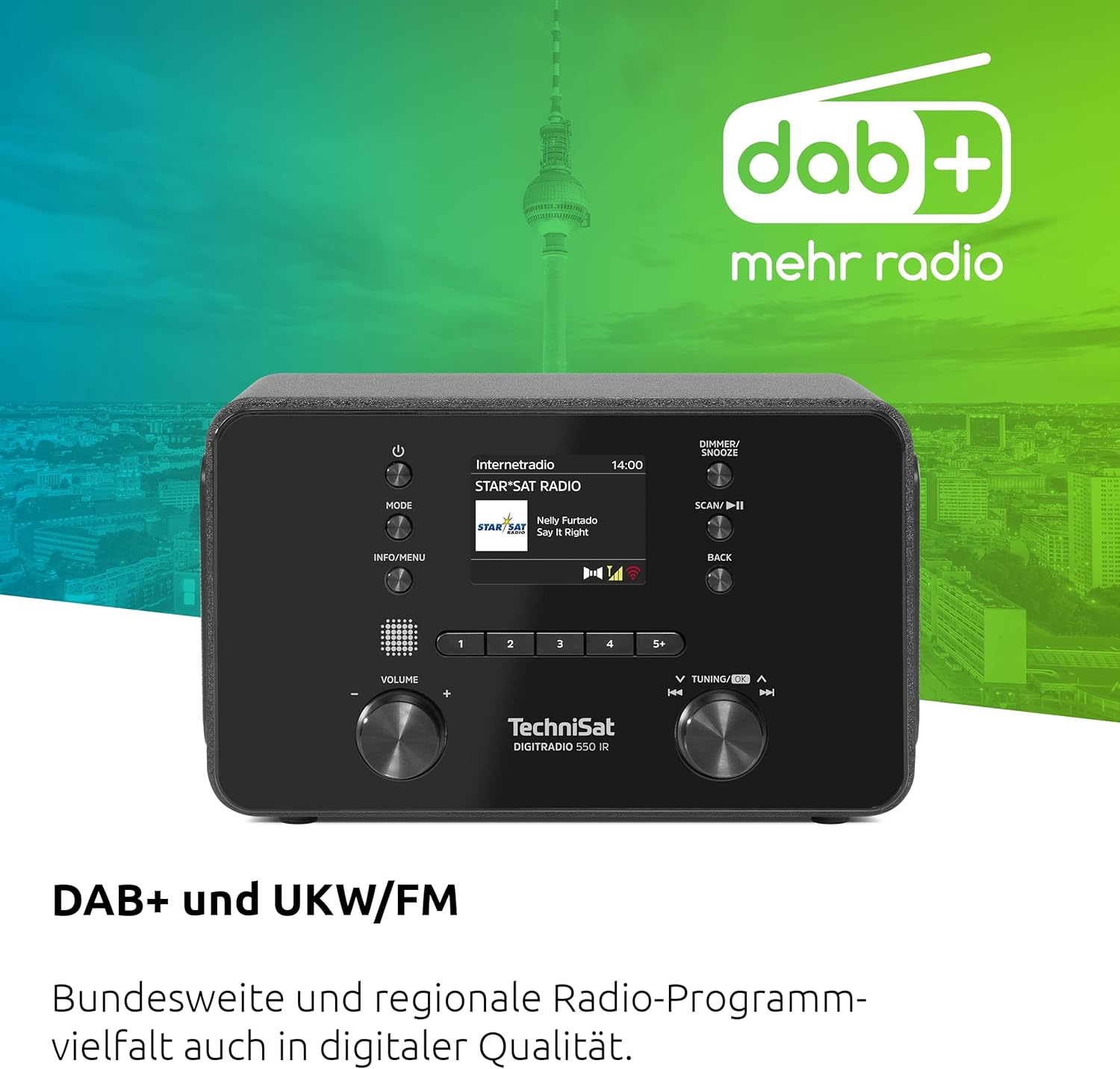 Détail de l’écran et des commandes de la radio TechniSat DIGITRADIO 550 IR