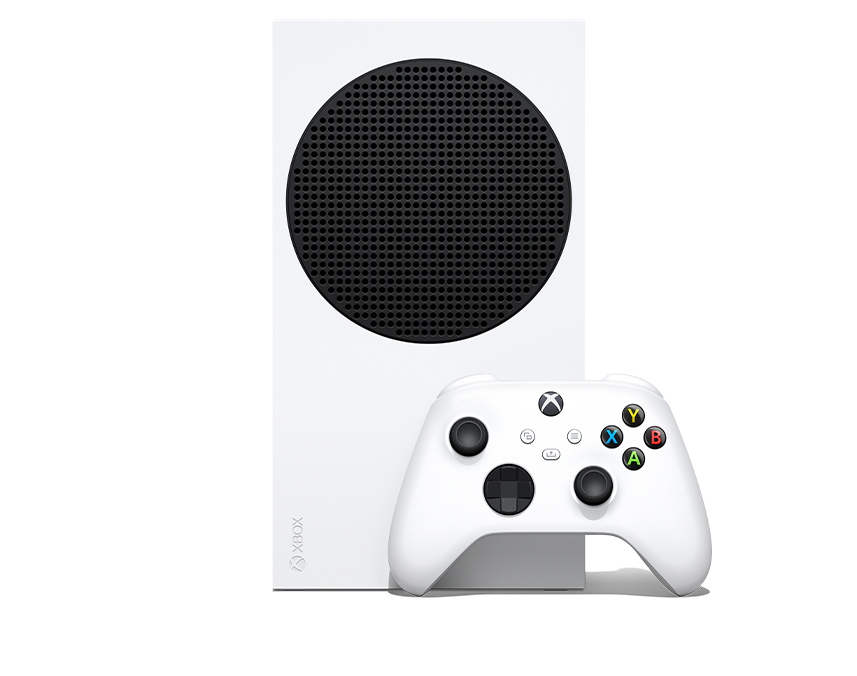 Xbox Series S blanche avec manette sans fil, vue complémentaire
