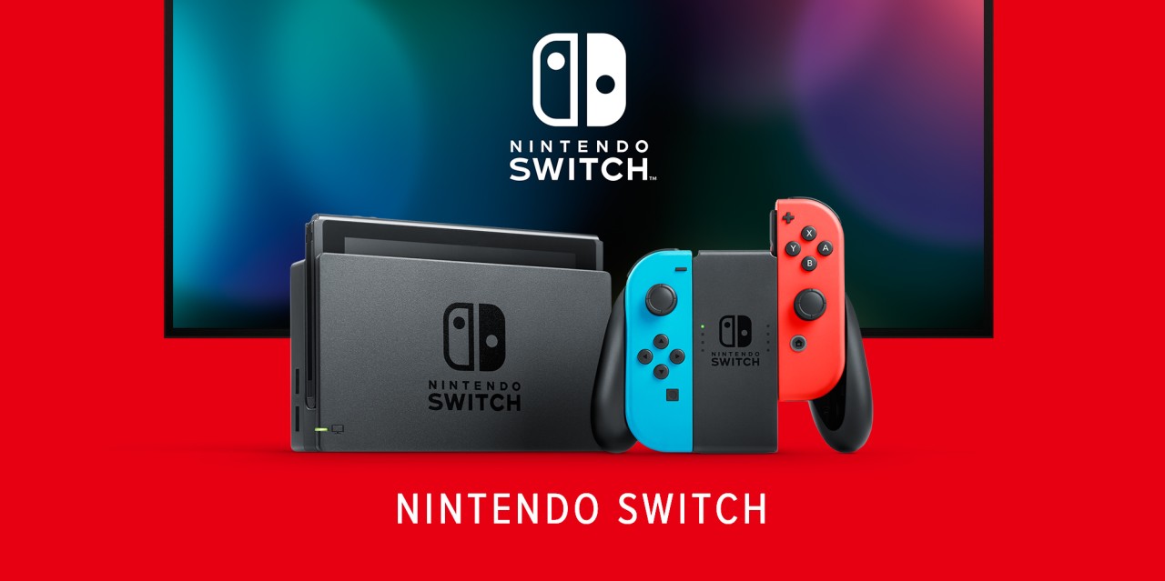 Console Nintendo Switch avec Joy-Con bleu néon et rouge néon, vue officielle Nintendo