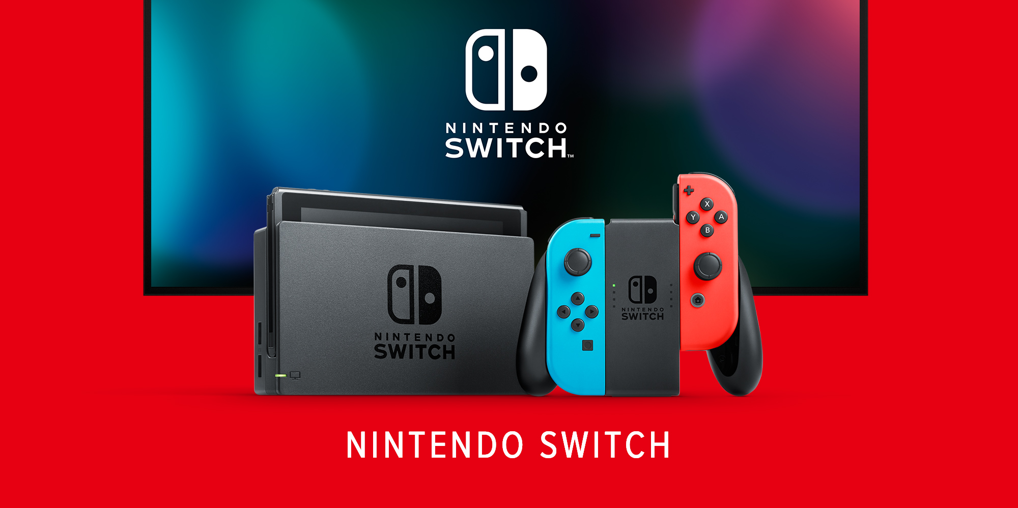 Console Nintendo Switch en mode de jeu avec ses manettes Joy-Con, visuel officiel Nintendo