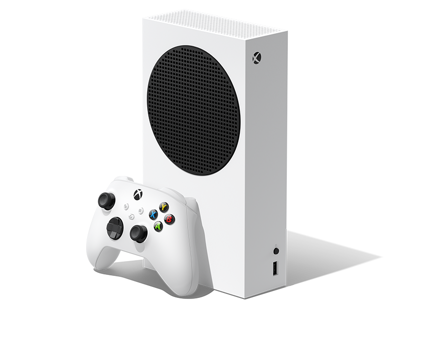 Console Xbox Series S blanche avec manette sans fil, vue officielle
