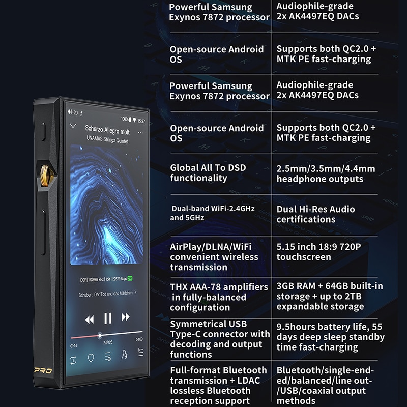FIIO-M11-PRO-Samsung-Exynos-7872-Android-7-0-Bluetooth-lecteur-de-musique-portable-MP3-AK4497EQ
