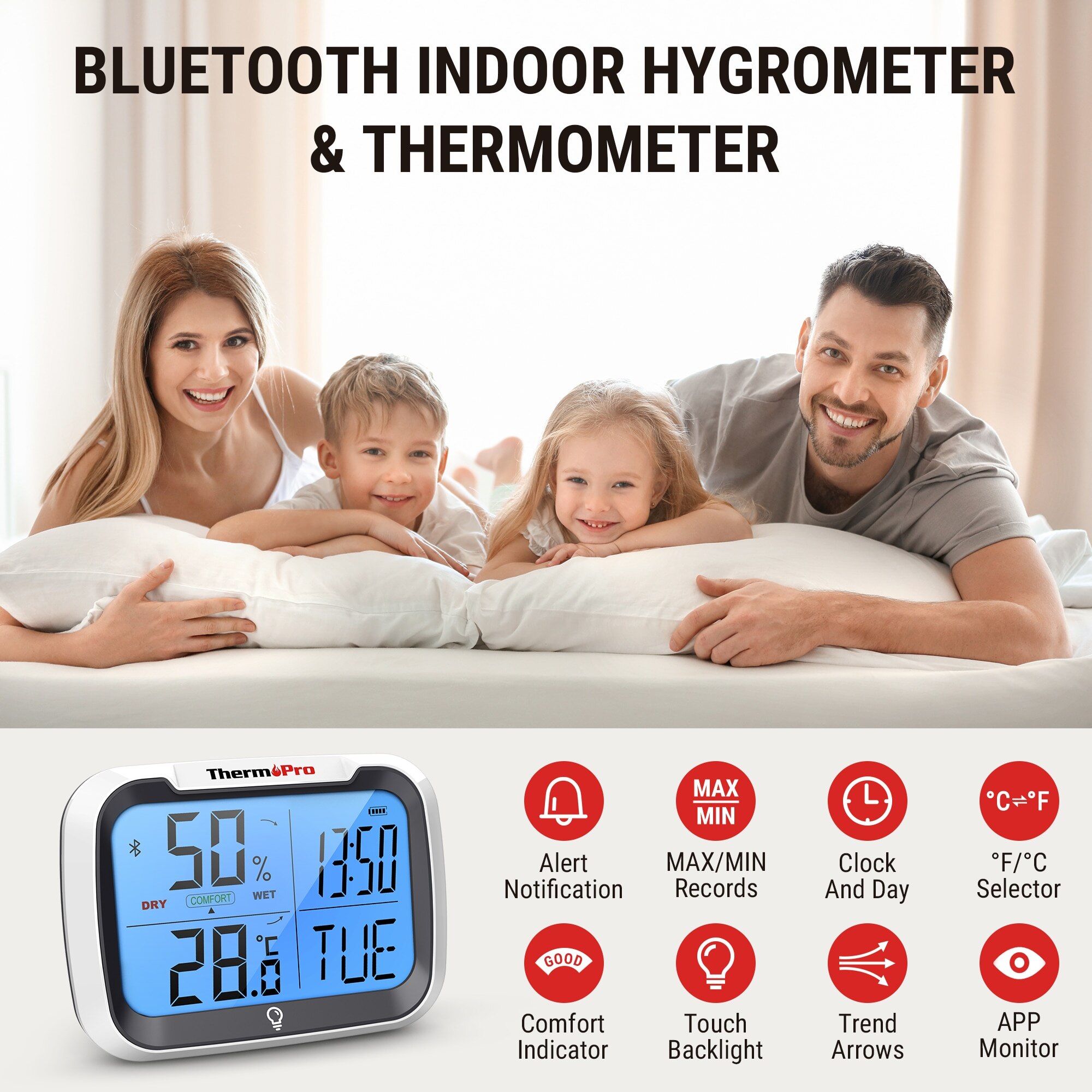 ThermoPro TP393 affichant la température, l’humidité et l’heure