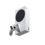 Détail du design compact de la console Xbox Series S blanche