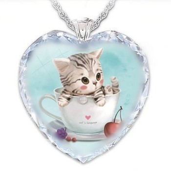 Collier-Pendentif Coeur  cristal blanc motif CHAT - La BoutiK du Chat