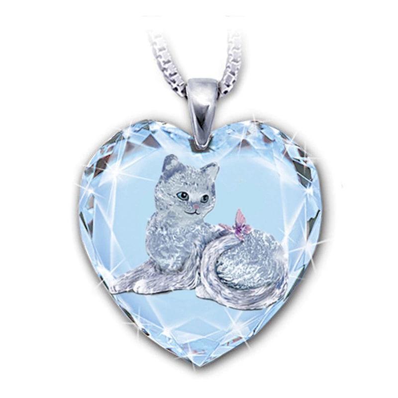 Collier-Pendentif Coeur en cristal blanc motif CHAT 1 - La BoutiK du chat