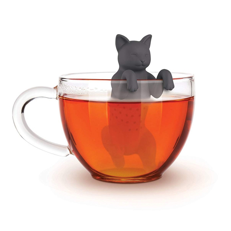 infuseur thé silicone noir gris tasse transparente chat - La BoutiK du Chat