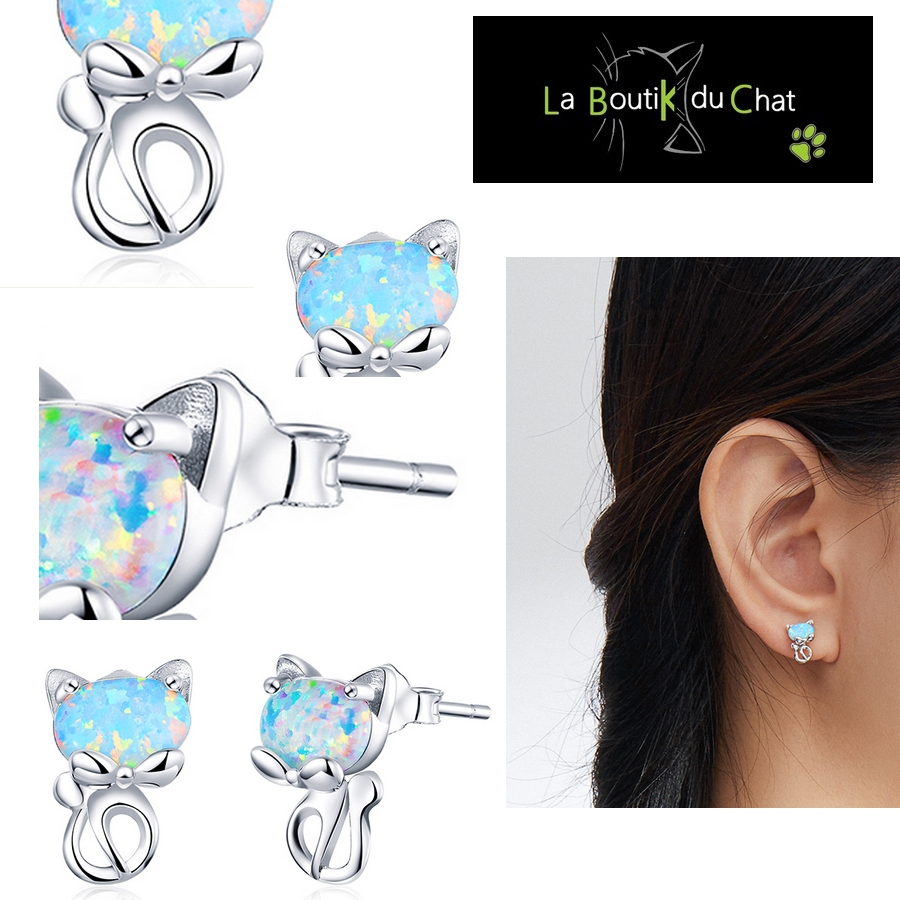 boucle opale femme oreille argent chaton chat la boutik du chat