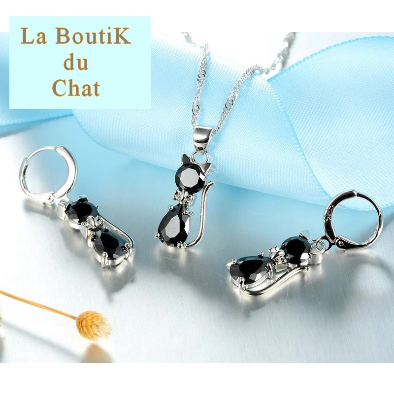 chat boucle oreille collier pendentif parure zircon - La BoutiK du Chat fille