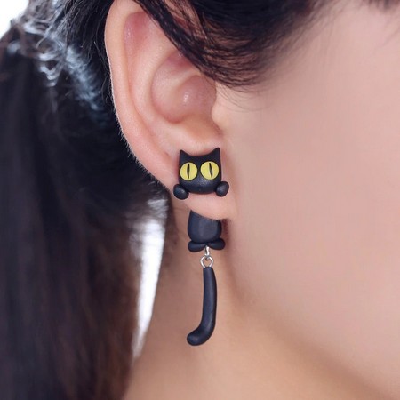 Boucle oreilles chat noir originale clou trompe l'oeuil femme - La BoutiK du Chat