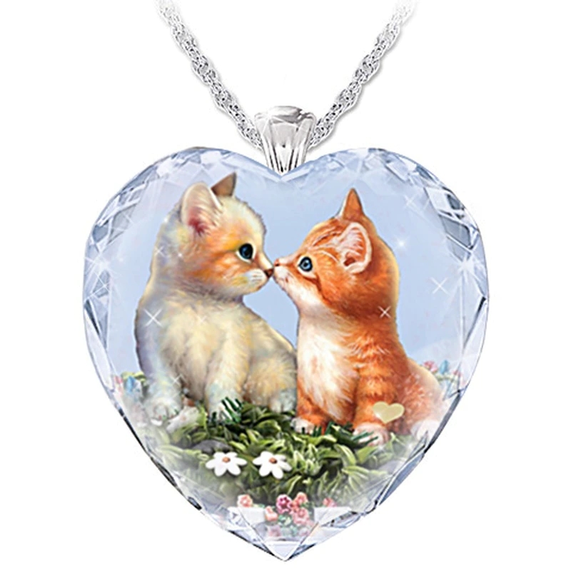 ❤ Collier-Pendentif Coeur en cristal blanc motif CHAT - La BoutiK du Chat