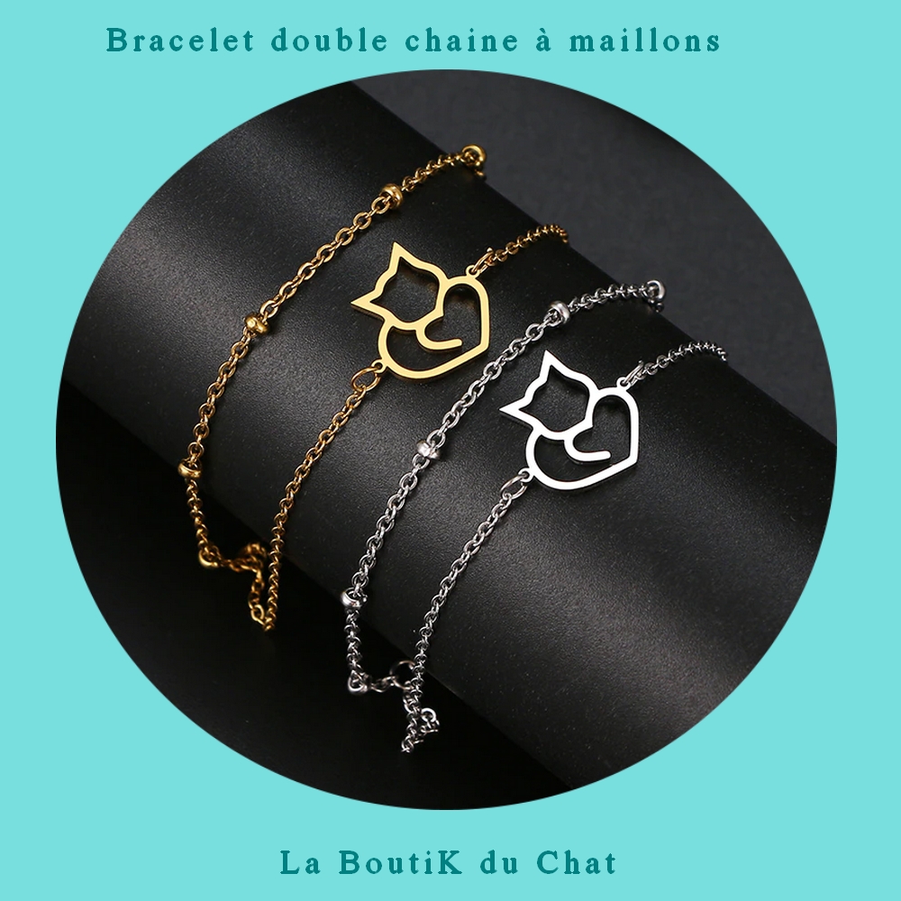 Bracelet Double Chat et Coeur ❤ couleur or ou argent pour Femme