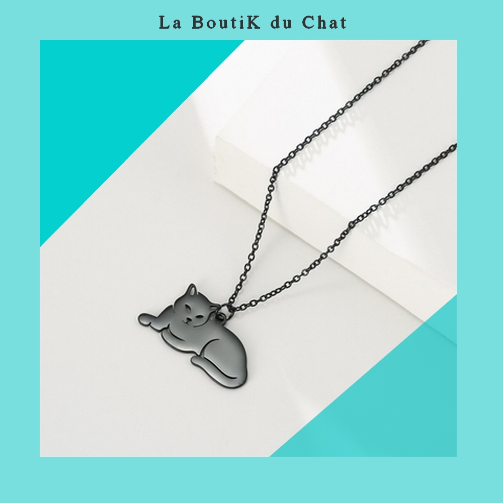 Collier pendentif noir  CHAT chaine maillons acier inoxydable fille Femme bijou - La BoutiK du Chat