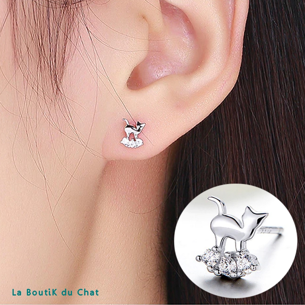 Boucles d'Oreilles motif CHAT ❤ en Argent et strass de cristal