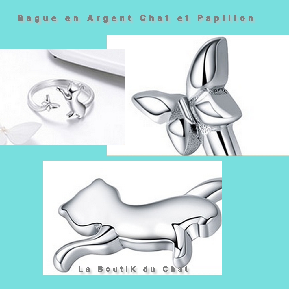 Bague en Argent décor Chat et Papillon livraison offerte - La BoutiK du Chat