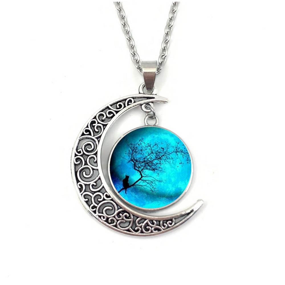 Collier pendentif Cabochon décor Chat et Lune bleu- La BoutiK du Chat