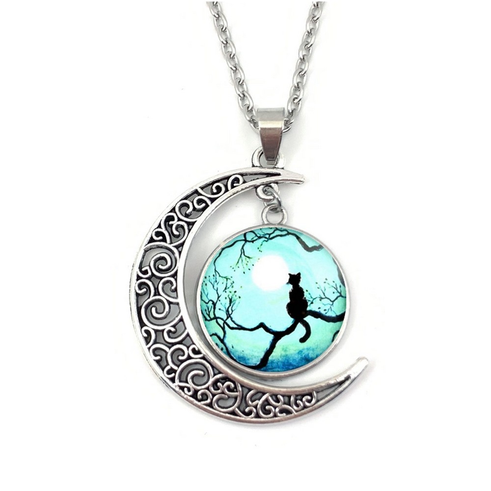 Collier pendentif Cabochon décor Chat et Lune ciel- La BoutiK du Chat